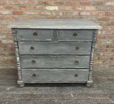Large grey painted Victorian chest of drawers with four footed finish & columned design. H 126cm x W
