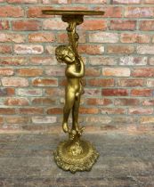 Continental carved lime wood gilt and gesso figural torchiere with cherub column and Rococo base,