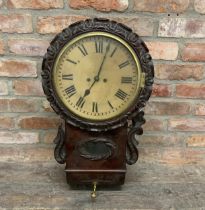 19th century plum pudding mahogany cased twin fusee drop dial wall clock, 70cm high (af)