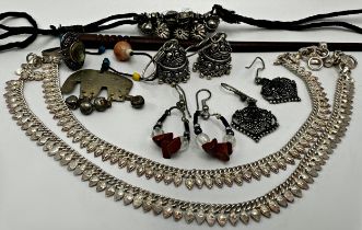 Mixed ethnic silver jewellery - two Indian fine silver anklets, three pairs of drop earrings,