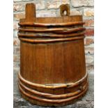 Primitive coopered grain barrel with bamboo strapwork, 60cm high x 58cm diameter