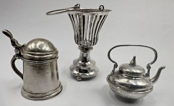 Three miniature Dutch silver pieces - Kettle, Lidded tankard and Jardinière, the largest 6cm high,