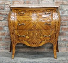 French Louis style kingwood bombe commode with gilt metal mounts and marble top , H 82cm x W 85cm