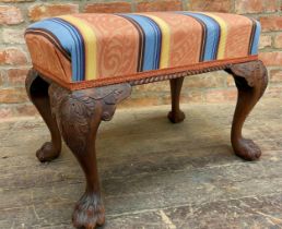 19th century Irish mahogany footstool, the stuff over top with gadrooned apron, acanthus cabriole