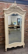 French Rococo style cream painted armoire with arch bevelled mirror door, H 237cm x W 105cm x D 59cm
