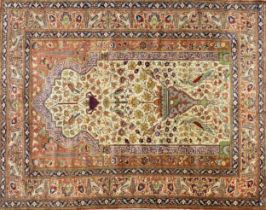 Exceptional quality Persian silk rug or prayer mat, with Tree of Life type design, relief panels