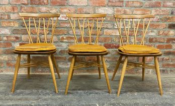 Set of three Ercol 376 'Candlestick' light elm dining chairs with original rust colour cushions ,