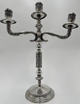 Italian 800 silver twin branch candelabra, with unusual piercing to the sconces and column, 37cm