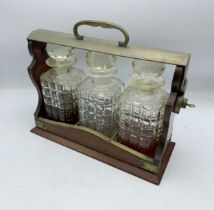 Antique Oak Wood Three Bottle Tantalus With Crystal Decanters & Key