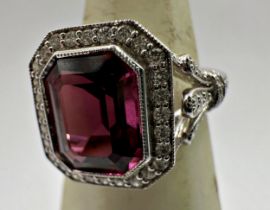 18ct white gold Pink Tourmaline and diamond ring, octagonal step cut tourmaline 4cts, size N/O