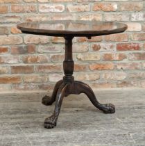 19th century mahogany tilt top table with turned column and lions paw feet, H 68cm x W 81cm