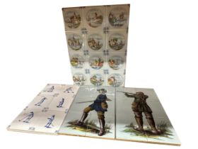 Pair of six Delft tile pictures of huntsmen, 38.5 x 26cm, with two further delft tile pictures (4)