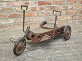 Vintage mid century hand operated tin plate child's tricycle with working wheels, H 45cm x W 97cm