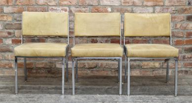 Set of three vintage Italian brutalist dining chairs, with calf leather upholstery with steel side