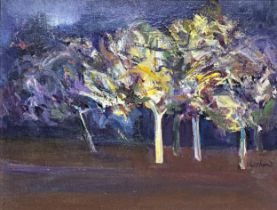 Mid 20th century school - trees in a clearing, indistinctly signed, oil on canvas laid on board,