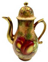 Royal Worcester hand painted miniature coffee pot by Frank Roberts, fruits in a grotto setting, gilt