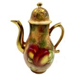 Royal Worcester hand painted miniature coffee pot by Frank Roberts, fruits in a grotto setting, gilt
