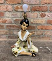 Kitsch plaster table lamp in the form of a seated Geisha girl, in the manner of Tretchikoff, 42cm