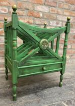 Regency style four divisional Canterbury with green and gilt painted finish, H 61cm x W 46cm x D