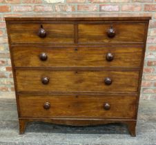 Early Victorian mahogany chest of drawers, two short over three long raised on swept feet, H 106cm x
