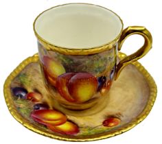 Royal Worcester hand painted porcelain cup and saucer by John Freeman, fruits in a grotto setting,