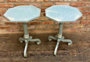 Pair of Regency style painted and distressed wine tables, fluted column and scrolled legs