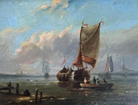 Early 19th century Dutch school - Marine scene with figures, unsigned, oil on panel, 21 x 28cm,