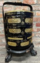 Good Chinese four tier lacquered wedding basket, with gilt overlay, on a well carved stand, 65cm