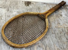 Antique T M Gardiner Hoddesdon 'Association No2' Fishtail tennis racket, 68cm long