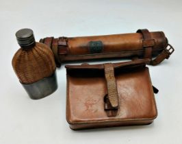 Good quality leather huntsman sporting lunchbox case containing a Lund & Son plated sandwich tin, 11