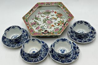 Set of four Chinese export blue and white Kraak porcelain tea bowls and saucers, with a hexagonal