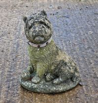 Weathered reconstituted stone garden ornament in the form of a West Highland terrier, H 41cm x W