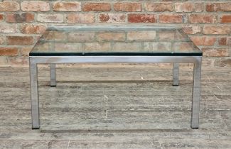 Contemporary chrome and glass coffee table, H 43cm x W 92cm x D 92cm