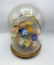 Antique Italian Sea Shell “Diorama” In The Form Of Flowers In Glass Dome. H 38cm.