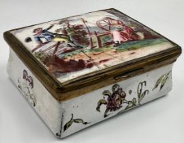 19th century probably Bilston enamel table snuff box, painted with a romantic scene, 4cm high x 7.
