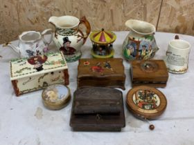 Collection of novelty wind up musical items to include ceramic jugs, ceramic and wooden boxes etc