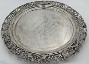 Superior quality Irish silver salver with an intertwined and pierced Celtic scroll and beast border,