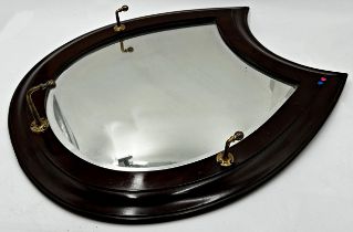 Good quality antique Flemish horseshoe shaped mirror, fruitwood frame with three brass pegs,