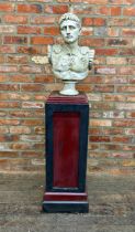 Plaster composite bust of Julius Caesar H 58cm, upon a bespoke stepped square painted plinth, H 98cm