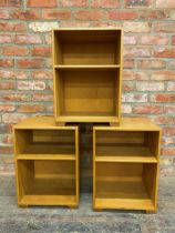 Three 1970s oak bedsides or small bookcases, with open dovetail joints, 38cm W x 30 D x 52 H