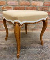 19th century French satin wood stool with stuff over top and cabriole legs, H 46cm x W 43cm x D 43cm