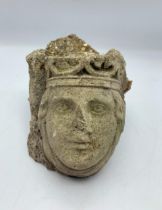 Antique cast reconstituted stone head of a maiden, 20cm high