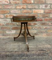 Sheraton style coopered brass and walnut twin handled jardinière stand, H 51cm x W 43cm