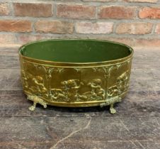Brass Coal Or Log Bucket With Four Footed Paw & Cherub Relief Design. W 38cm x H 16cm.