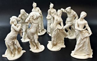 Collection of eight Nymphenburg Blanc-De-Chine porcelain figures af gentleman and partners, 22cm