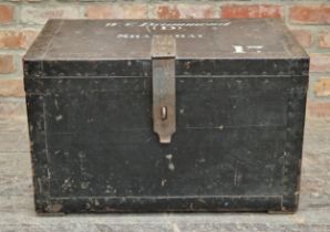 Antique metal bound zinc lined travel trunk signed 'W.V.Drummond (D) Shanghai' to top, labelled '