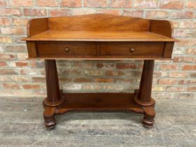 William IV mahogany console table, raised gallery back two drawers and good tapered pillars, H