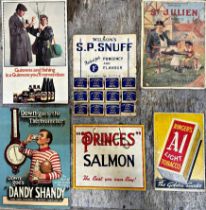 Collection of five vintage advertising cards to include Princes Salmon, Guinness, Dandy Shandy, St