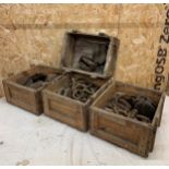 Collection Of Industrial Rope & Pulleys Held In Vintage Wooden Crates.