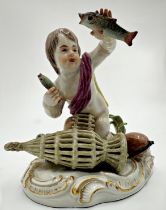 19th century Meissen porcelain figure of a fisher boy, H 11cm x W 12.5cm